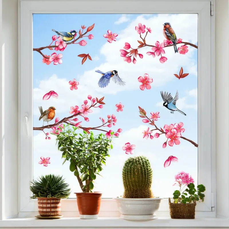 PVC Static Window Decor Decorative Flower Birds Sticker Vinyl Art Spring Flowers Glass Wall Decal for Home Bathroom Decoration