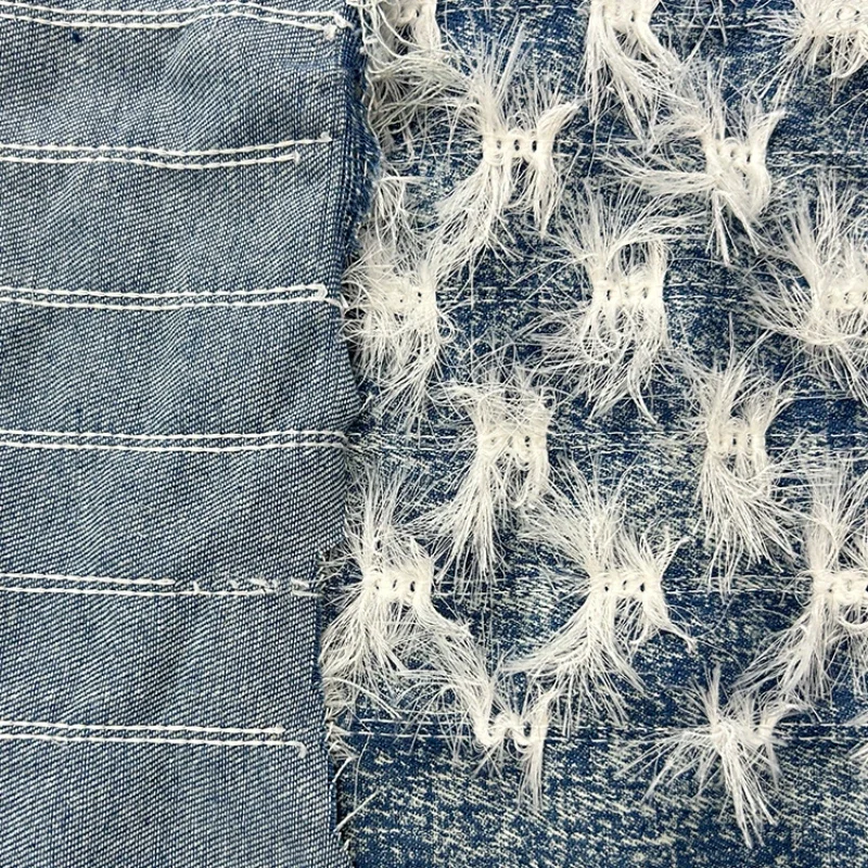 Pure Cotton Washed Denim Fabric Tassel Feather Embroidered for Dress Clothing Designer Diy Sewing Material Cloth Handmade