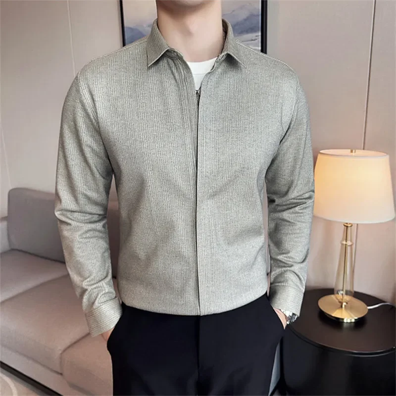 Autumn Winter Thick Warm Shirts Men High Quality Fashion Zipper Woolen Smart Casual Shirt Mens Long Sleeve Solid Striped Blouse