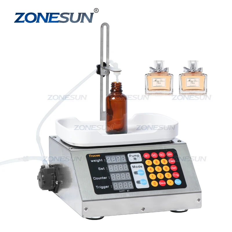 ZONESUN 0-50ml Small Automatic CNC Liquid Filling Machine 110V-220V Perfume Weighing Filling Machine Oral Liquid Solution Filler