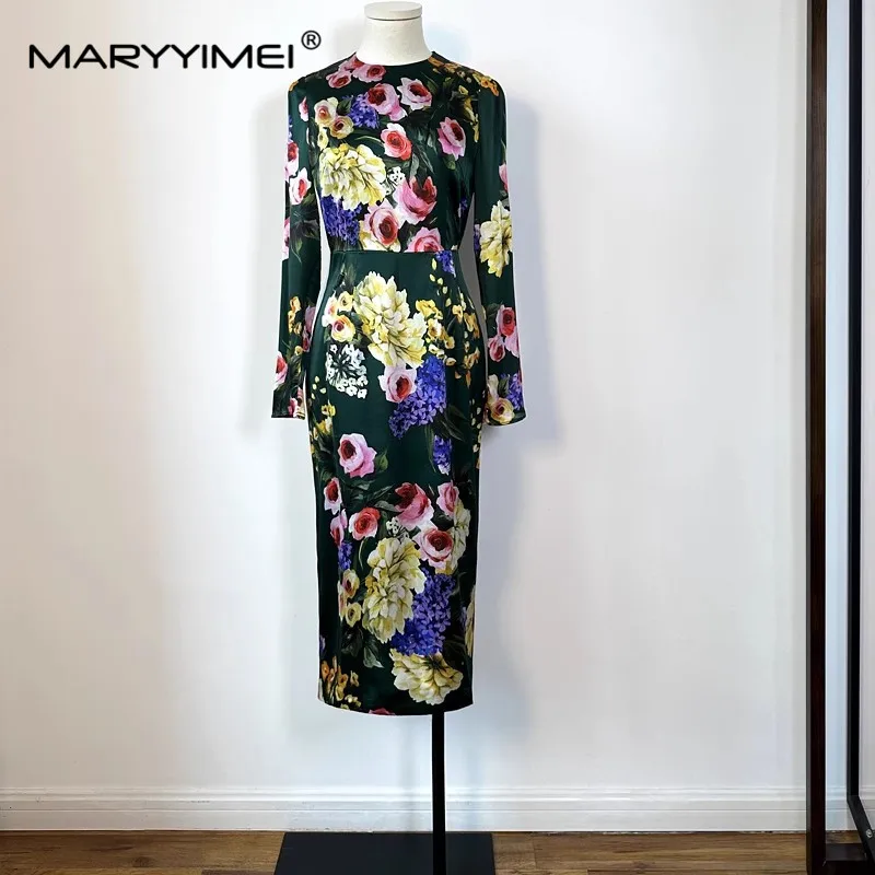 

MARYYIMEI 2024 New Silk Spring Fashion Women's dress Slim Elegant Holiday Floral Print Dark green Package hip Pencil Dresses