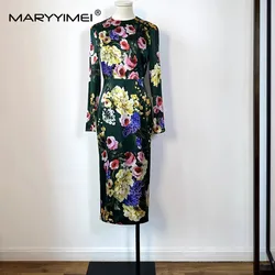 MARYYIMEI 2024 New Silk Spring Fashion Women's dress Slim Elegant Holiday Floral Print Dark green Package hip Pencil Dresses