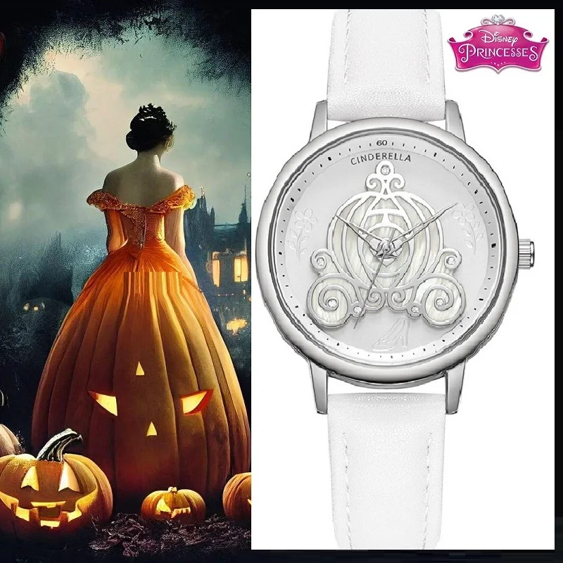 Disney For Women Watches Cinderella 360-Revolving Dial Halloween Pumpkins Quartz Wristwatch Girl Student Relogio Feminino Montre