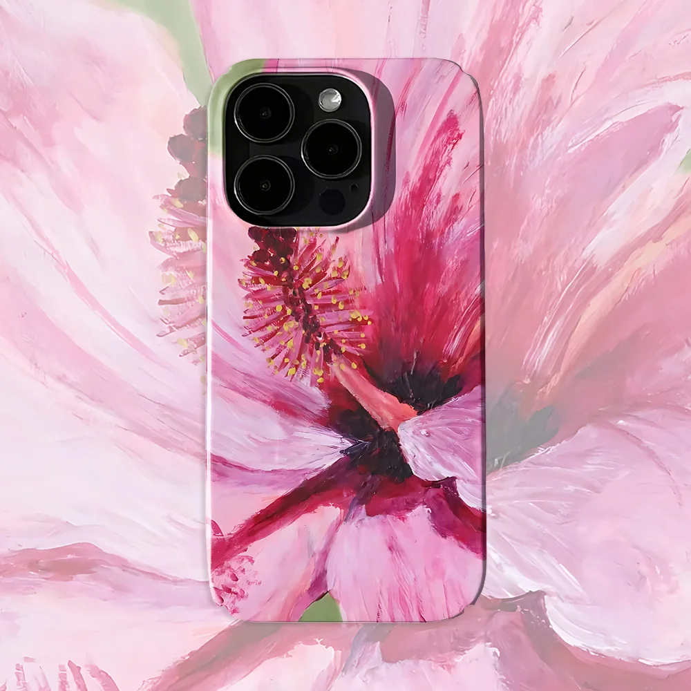 Oil Painting Pink Hibiscus Flower Phone Case for iPhone 17 16 15 14 13 12 11 Air Pro Max X XS XR XSMax Plus Glossy Film Hard PC