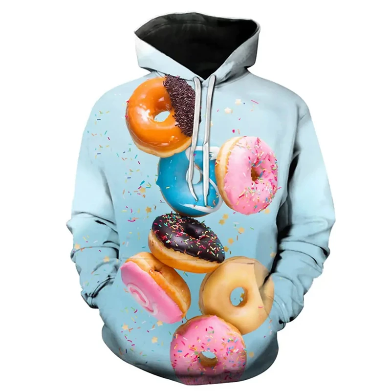 Donat, makanan penutup, Hoodie cetak 3D untuk pria, pakaian modis desain makanan, Pullover kasual wanita