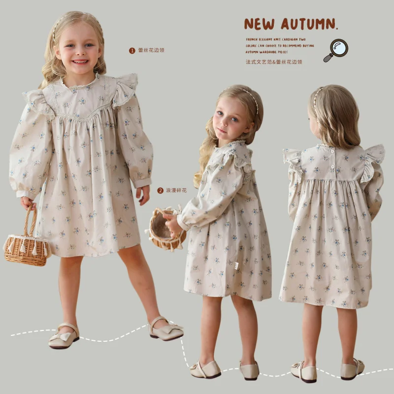 

French Flying Sleeve Lace Sweet Girl Dress2024Autumn Floral round Neck Long Sleeve Princess Skirt