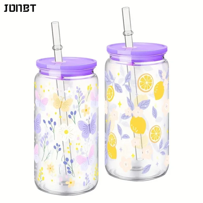 

16oz Reusable Plastic Water Bottle With Straw Cute Butterfly Lemon Print Double Wall Mason Jar Cup Durable Drinkware for Outdoor