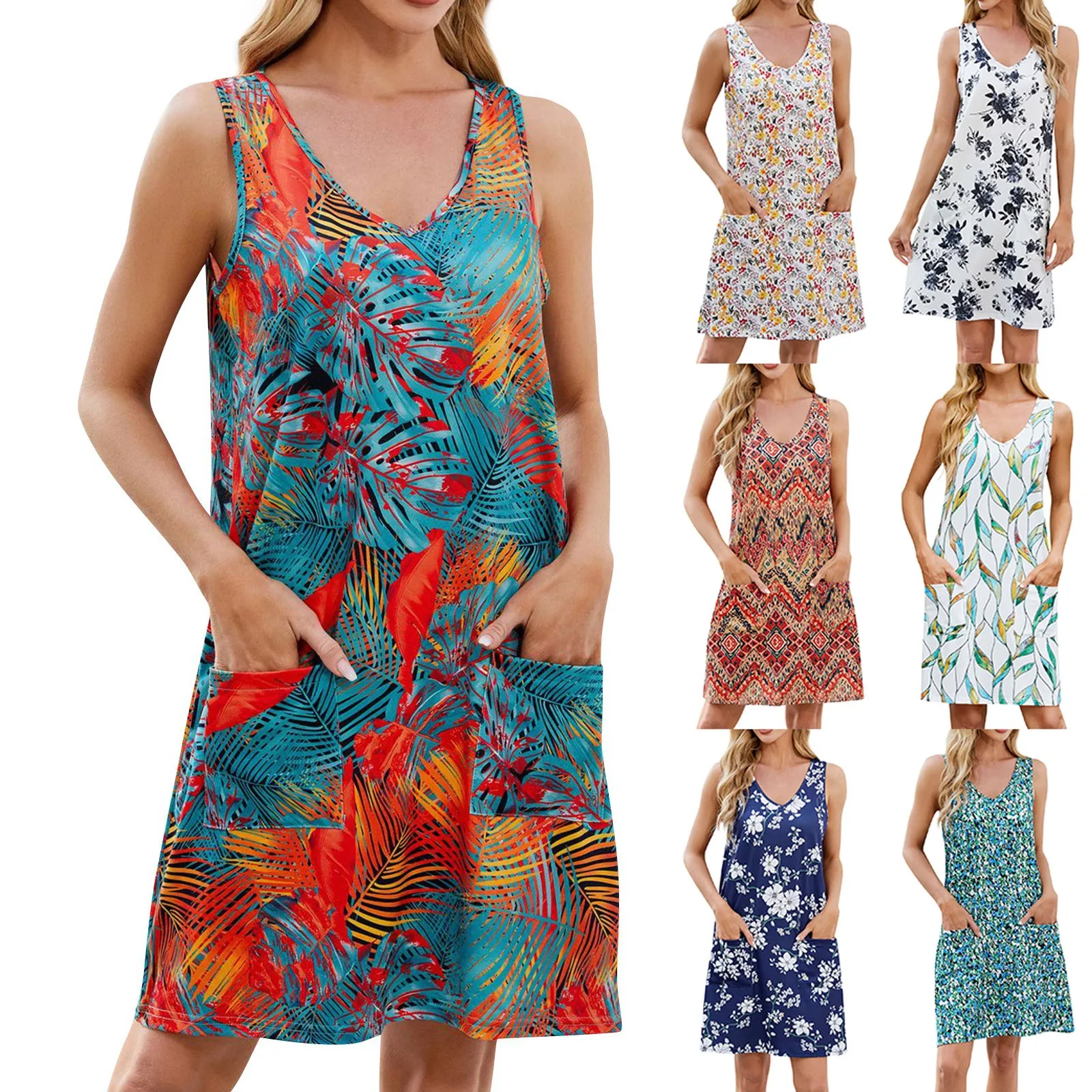 Vestido de verão feminino com bolsos curto praia férias tanque vestidos casuais sem mangas vestido feminino 2025 tendência das mulheres