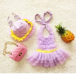 Princess Style Kids Girls One piece Swimming Suit Bowknot Dress + Hat Swimwear Summer Beach Wear Dance Costumes Swimsuit SA4009