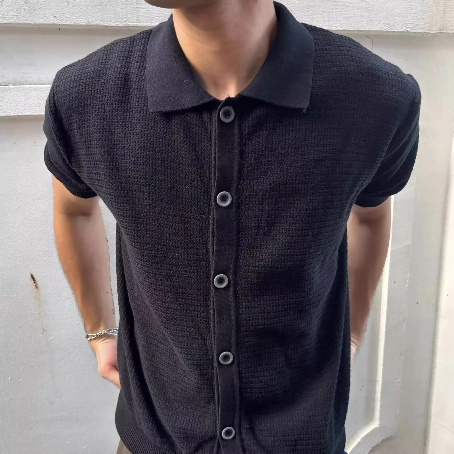 Men's Loose Casual Turn Down Collar Short Sleeve Waffle Knit utton Placket Trendy Versatile Breathable Skin Friendly Polo Shirt
