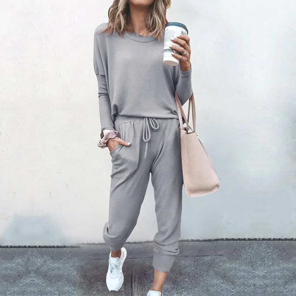 Solid Long Sleeve Pullover Sweatsuits Lace Up Loose Sweatpants Suits Female Tracksuit Fleece 2 Pieces Set Women Sports O-Neck