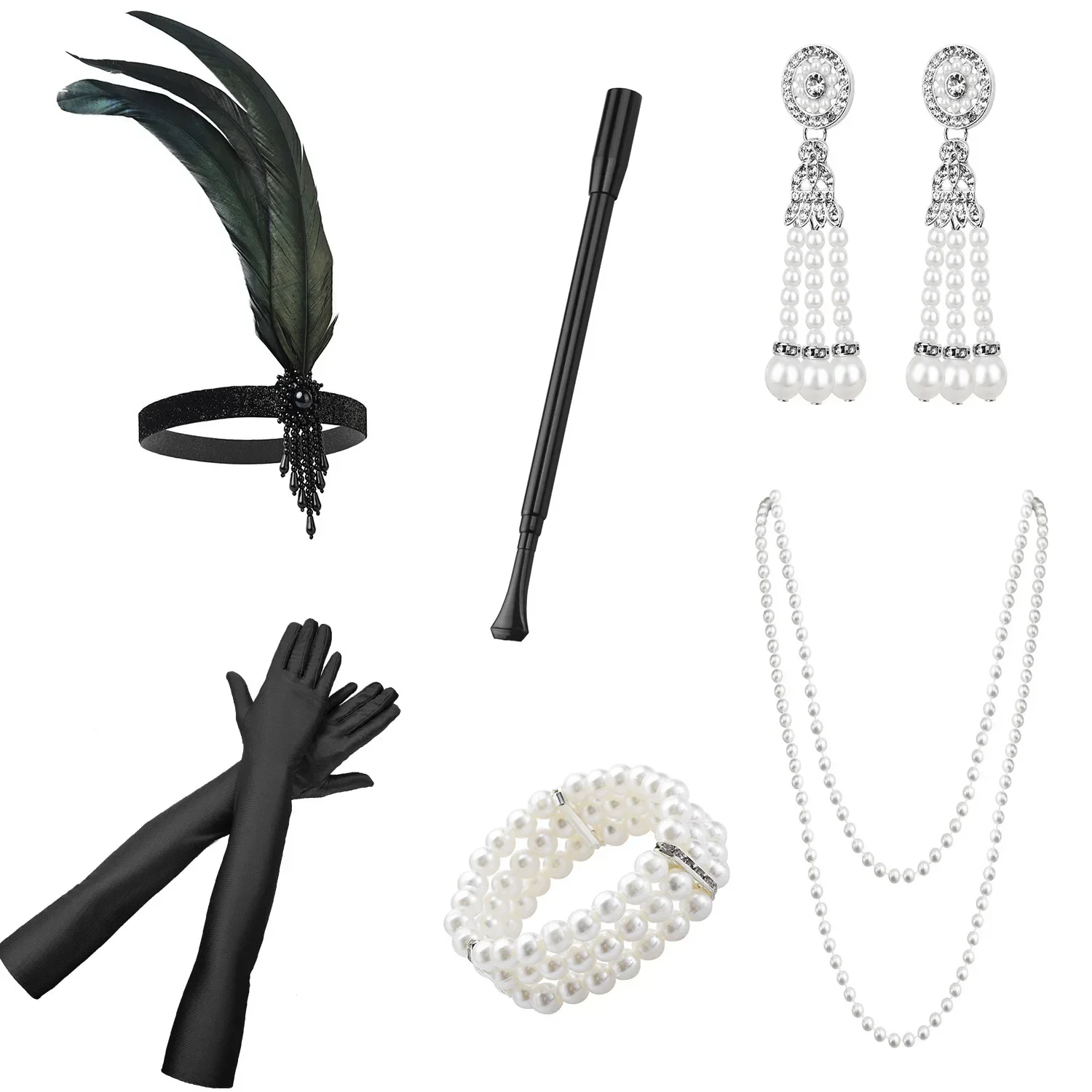 20'sFlapper Gilr Feather Headpiece Set， The Great Gatsby Headwear Glove Necklace Smoke Stick Party Accessory Set