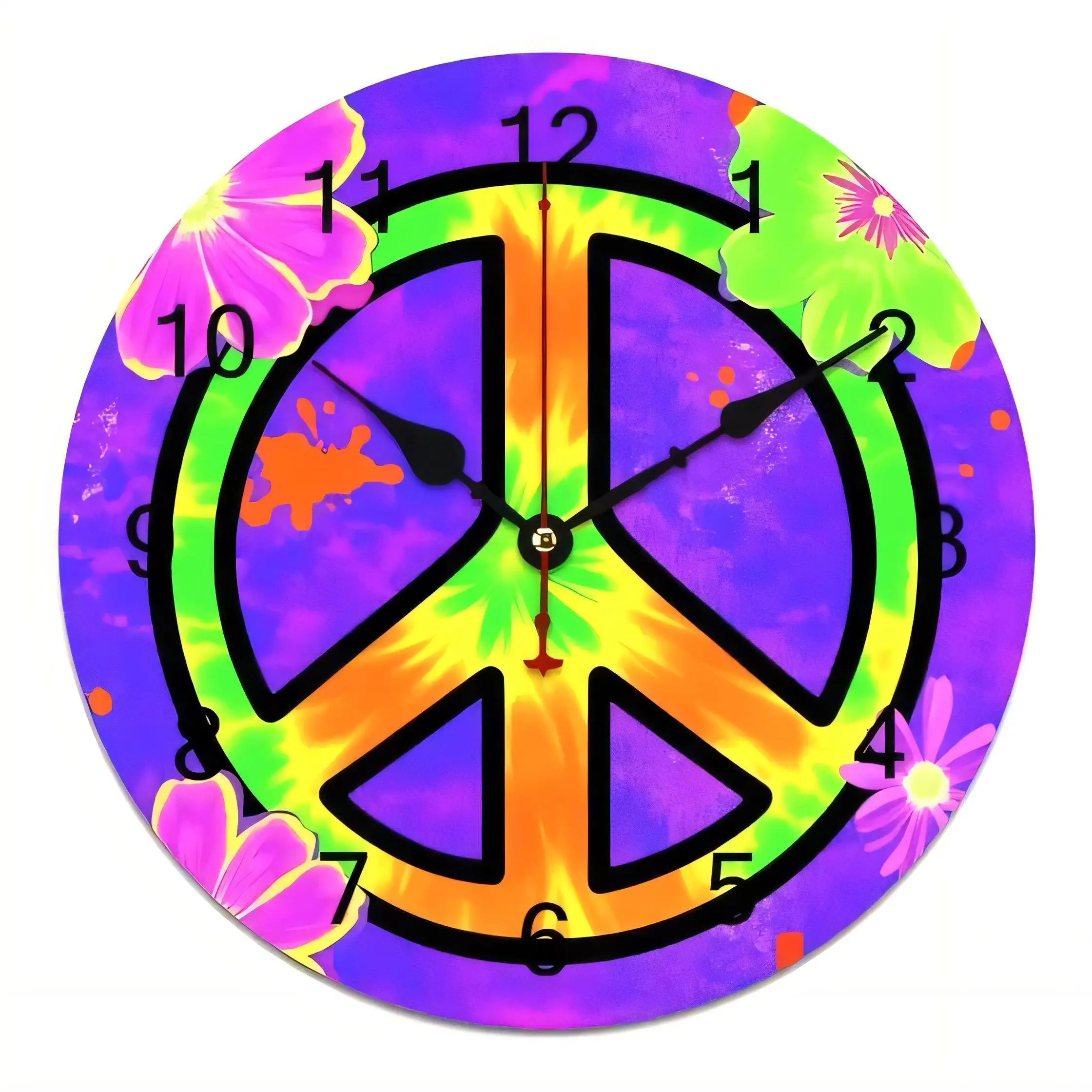 12 Inch  Round Wall Clock Peace Sign Psychedelic Tie Dye Retro 60s Style Decorative Home Art Silent Battery Operated