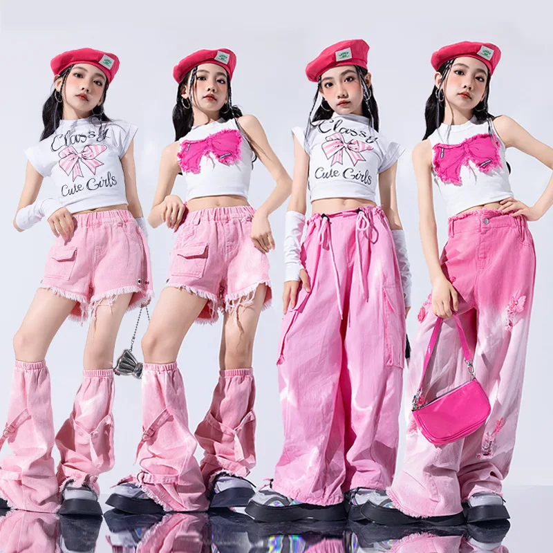 Girls Hip Hop Sweet Butterfly Crop Top Gradient Cargo Pants Kids Street Dance Jeans Clothes Sets Children Streetwear Teen Outfit