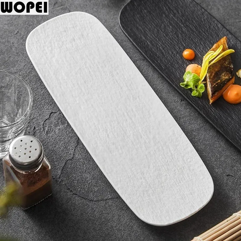 Stone Patterned Frosted Ceramic Long Strip Plate Creative Sushi Dish Dim Sum Dish Sashimi Dish Hotel Molecular Cuisine Tableware