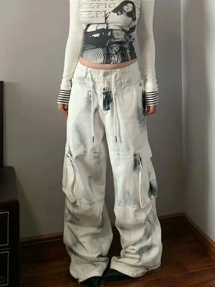 High Waist Women Tie Dyeing Jeans White Baggy Cargo Jeans Pants For Women Clothing Straight Loose Lady Hip Hop Harajuku Trousers