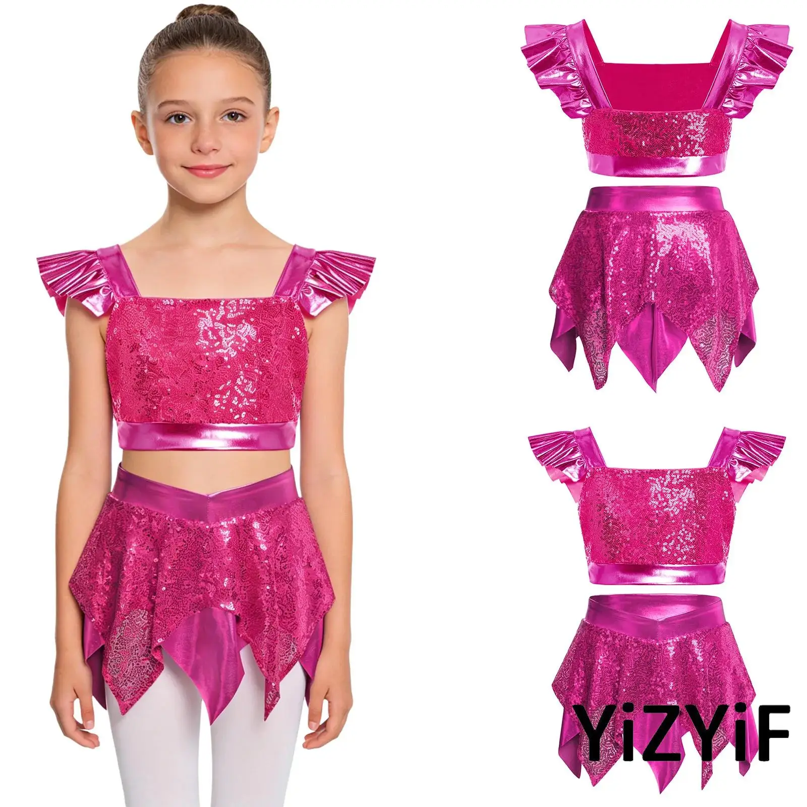 

Kids Girls Jazz Street Dance Performance Outfit Square Collar Ruffled Sequin Metallic Crop Top with Skirt Cheerleader Costume