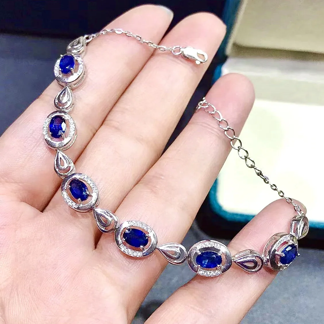 

Natural Sapphire Bracelet Total 4ct 4mm*6mm Blue Sapphire Silver Bracelet 925 Silver Sapphire Jewelrywith 3 Layers Gold Plating