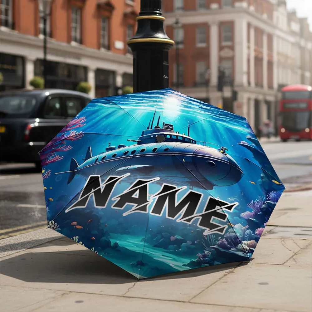 Custom Name umbrella, Deep Ocean Adventure: Submarine in Blue Coral Sea Fashion Folding Umbrella for Daily Use, Christmas Gift
