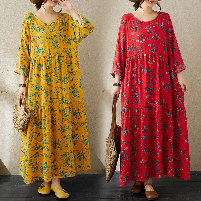 

Весенне-осеннее тонкое хлопково-льняное платье макси свободного кроя с длинным рукавом, женское, в нежном стиле, А-силуэт, с эффектом стройности, расклешенное.