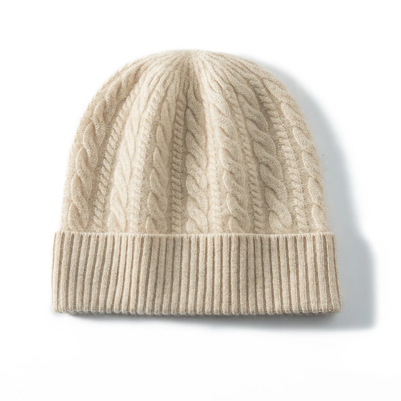 KOIJINSKY Women Autumn Winter 35% Cashmere 65% Merino Wool Thick Cable Twist Knit Beanie Rolled Rib Cuff Elastic Soft Warm Windp