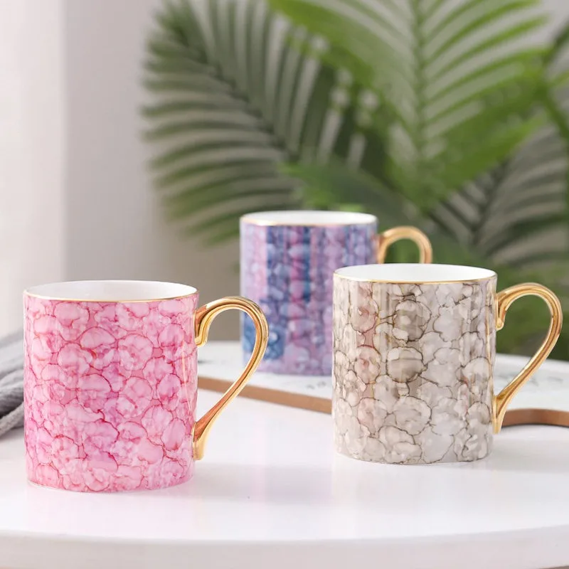 Bone China Coffee Mug, Vintage Bird Butterfly Floral Pattern Ceramic Tea Cup, Gold Handle Decorative Mug Gift for Women