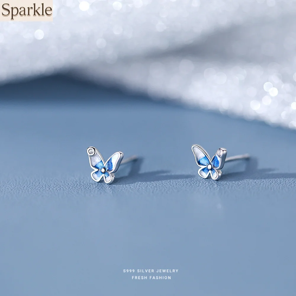 

Pure Sterling Silver Blue Butterfly Stud Earrings for Women Girls Minimalism Style Dainty Wear Small Trendy Earrings