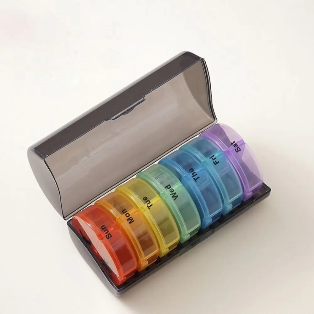 Drug Container 7-Day Splitter Pill Organizer 14-Grid Week Mark Rainbow Pill Box AM/PM Compartments Portable Vitamin Storage Case