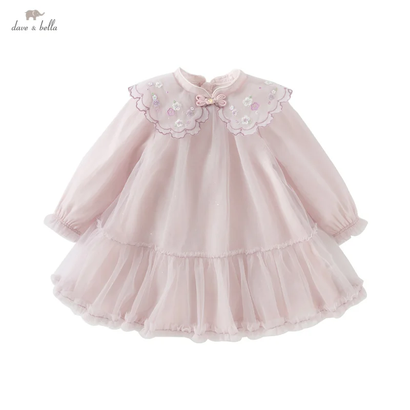 Dave Bella Spring Girl's Dress Cute Mesh Embroidery 2025 New Charm Gentle Cute Children's Princess Dress Party Outdoor DB1250678