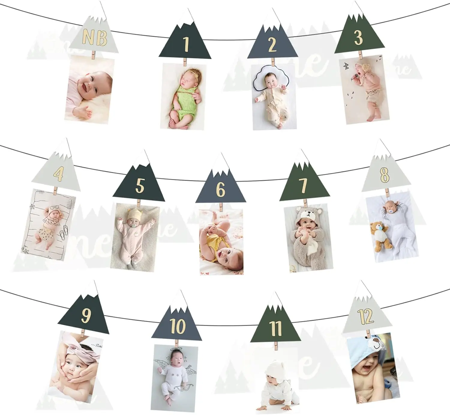 

Mountain 1st Birthday Party Decor Baby Photo Banner for Newborn To 12 Months Celebration Decoration Boys Girls Kids for Boy