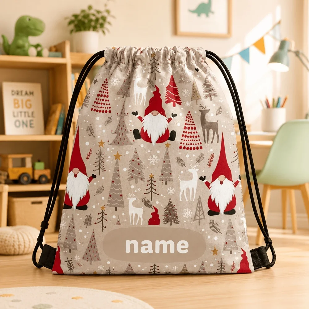 1Pc Christmas Custom Name/Text Drawstring Closure Backpack, Christmas Tree Elk Design Gift Storage Pouch, Xmas Party Candy Bag