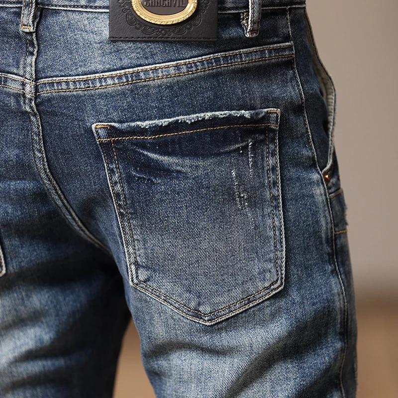 High Street Fashion Men Jeans Retro Blue Stretch Skinny Fit Ripped Jeans Men Spliced Designer Hip Hop Denim Biker Pants Hombre