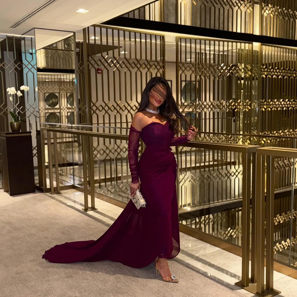 

Бордовое шифоновое вечернее платье без бретелек по индивидуальному заказу с скользящим шлейфом ILLUSION Вечернее платье с длинными рукавами Прямое платье для выпускного вечера длиной до щиколотки