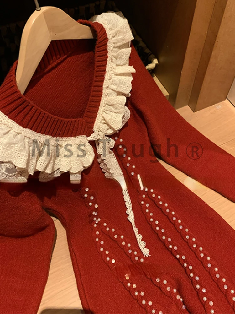 Winter French Elegant Knitted Dresses Women Lace Vintage Chic Party Sweater Dress Female Korean Retro One Piece Dress 2024 New