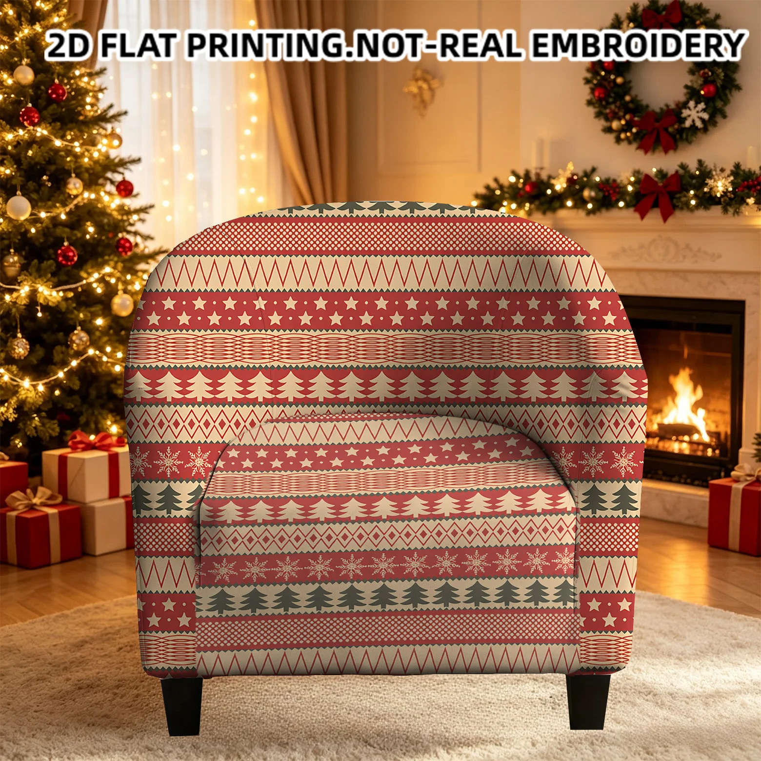 Christmas trees seamless full line patchwork plaid pattern printed armrest sofa cover, 2D printed elastic single club sofa cover
