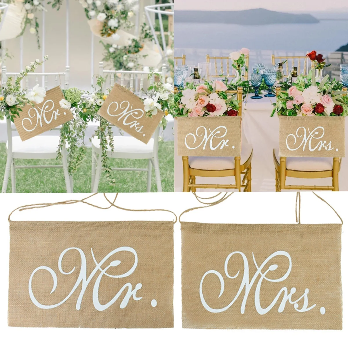 1Pair Mr.Mrs.Wedding Chair Back Decorative Banners Bridal Groom's Photo Props Rustic Jute Burlap Flags Hanging Sign Party Supply