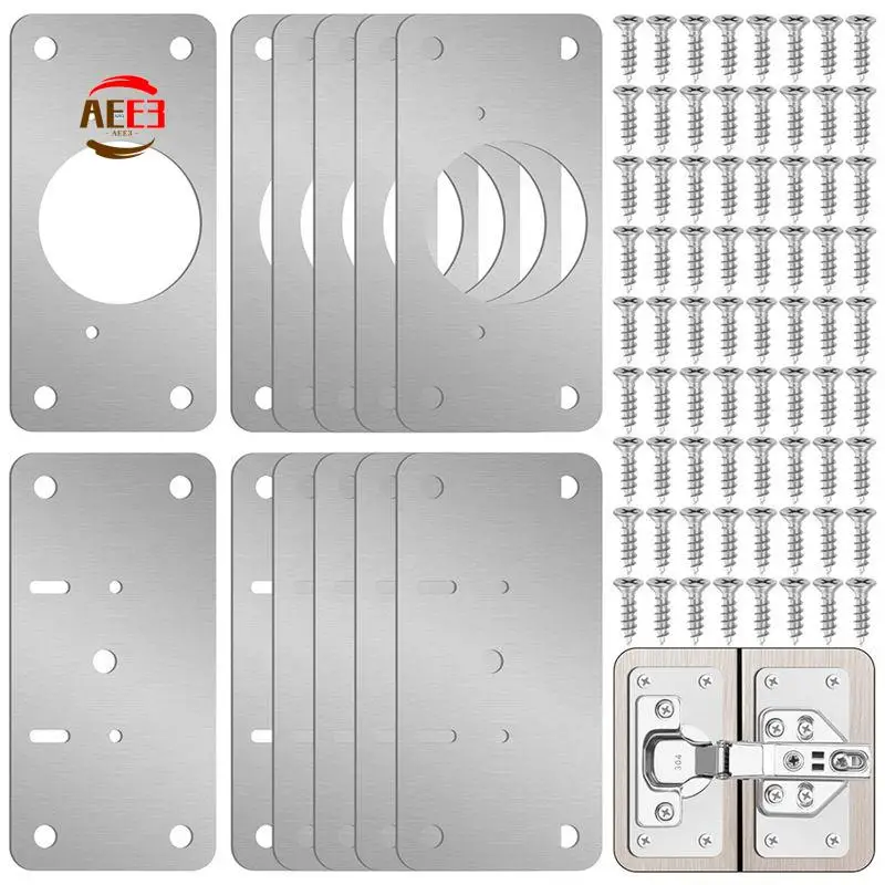 AEE3-12-Pack Hinge Repair Kit Cabinet Door Hinge Repair Plate Silver Hinge Fixing Plate For Kitchen Cupboard Door Locker Cabinet