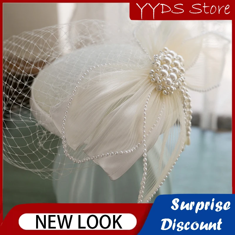 Girls Elegant Mesh Top Hat Lolita Clothing Hair Accessories Pearl White Big Bow Bridal Wedding Headwear Kids Catwalk Top Hat