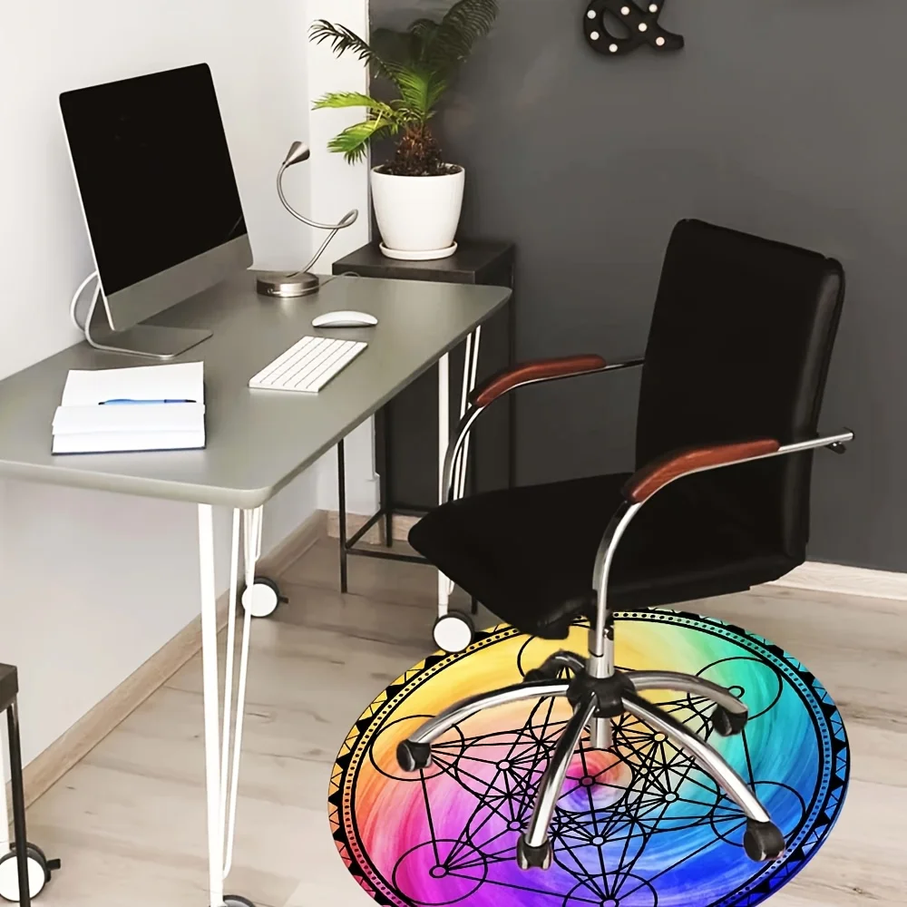 Vibrant Rainbow Pentagram Geometric Round Area Rug, Non Slip Durable Floor Mat, Decorative Accent Carpet for Living Room Bedroom
