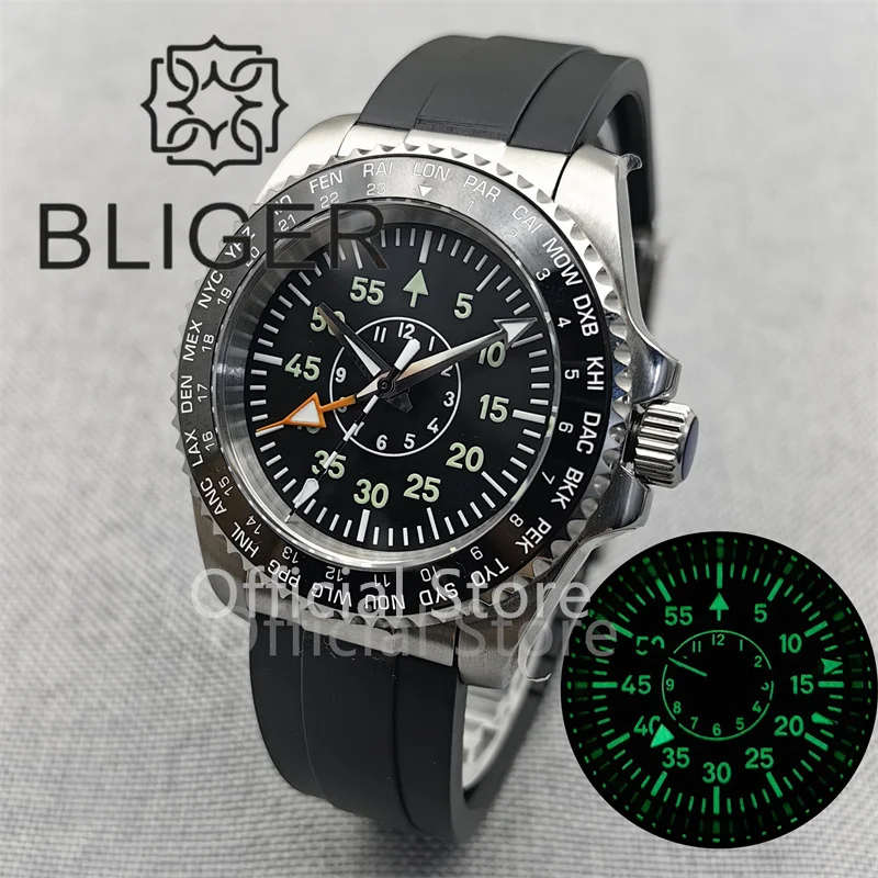 BLIGER 40mm Men Pilot 100m NH34 GMT Automatic Diving Watch Black Cream Dial With C3 Green Luminous Sapphire Glass Rubber Strap