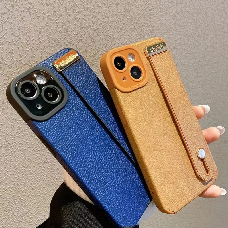 Luxury Leather Wristband Blue Brown Orange Phone Case For Iphone 11 12 13 14 15 16 Pro MAX 14Plus X XR XS SE 2020 7 8 Plus Cover