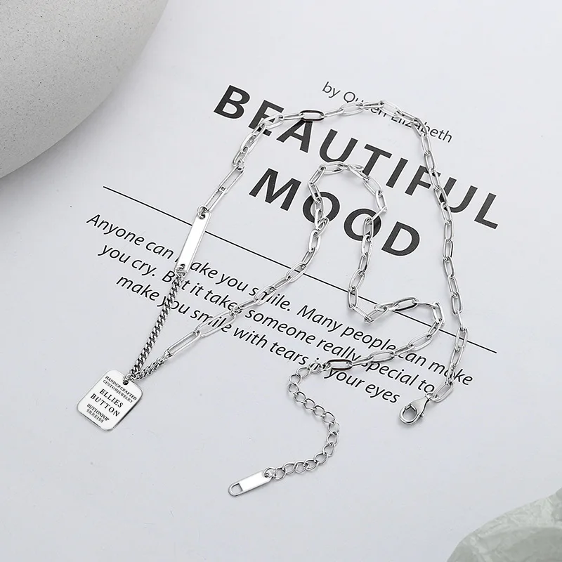 925 Sterling Silver Necklace with Side Chain, Patchwork English Sentence and Small Square Pendant Necklace, Hip-hop Style