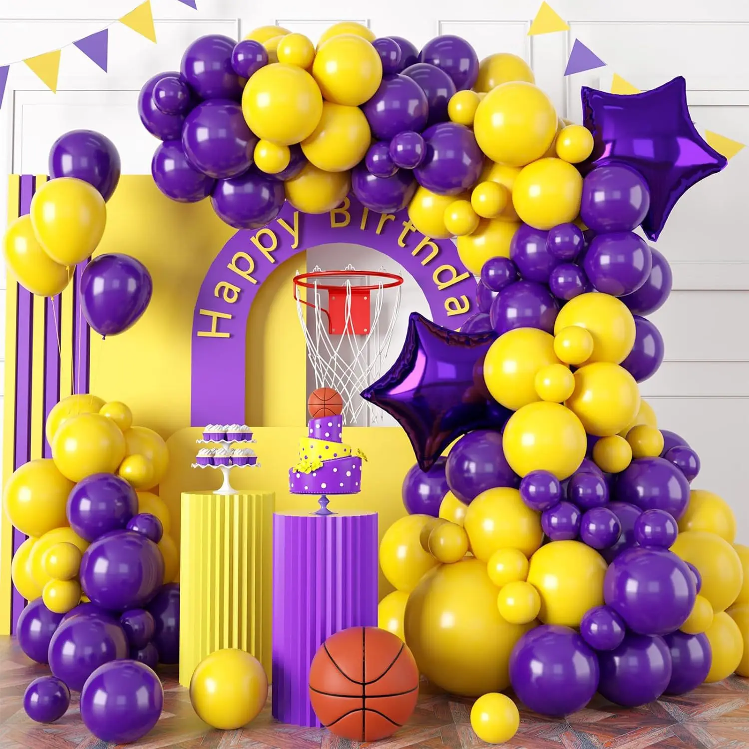 113 Lila Gold Dynastie Team Ballon Kranz Set, Basketball Wettbewerb Thema Party Dekoration, Kindergeburtstag Fotografie