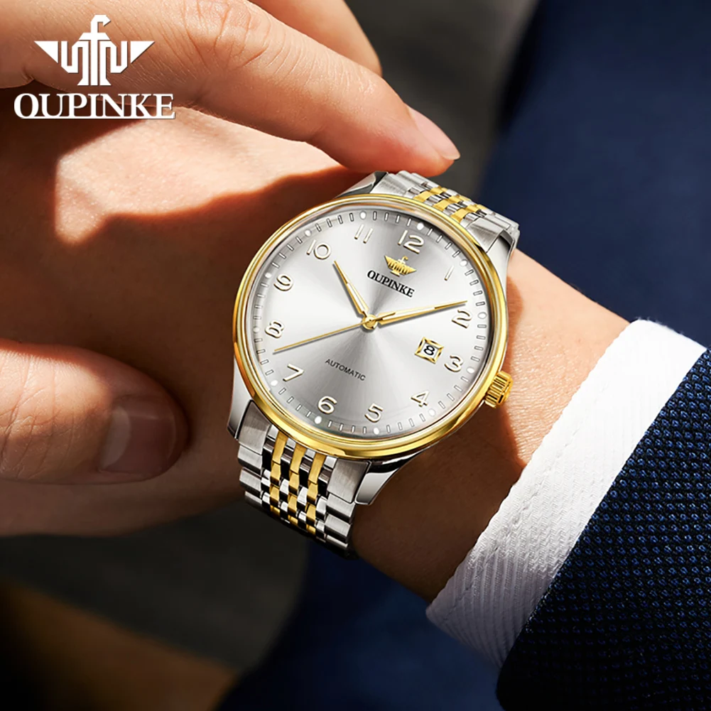 OUPINKE 3319 Imported Mechanical Movement Large-digit Watch For Men Luminous Display 50m Waterproof Calendar Window Watch
