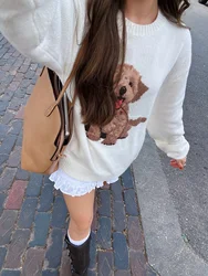 Puppy Jacquard Knit Sweater Woman Autumn O-Neck Long Sleeve Cotton Jumper Top Sweet Cute Fashion Streetwear Sweaters Y2k Tops