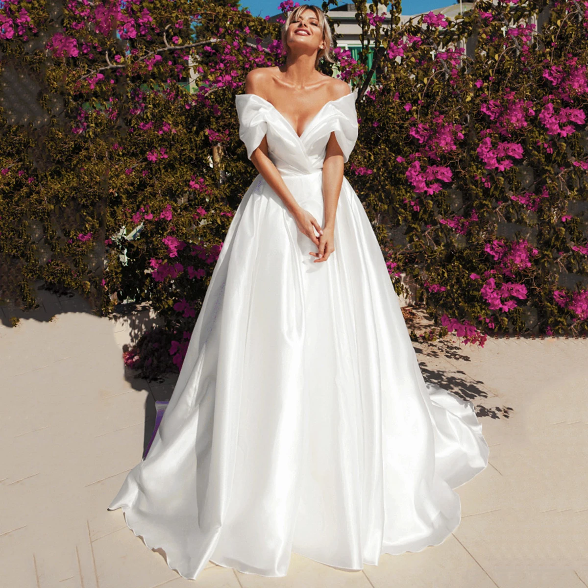

Classic Pleated Satin Off Shoulder Balll Gown Wedding Dress For Women Long V Neck A Line Bridal Gown For Bride Vestido Novia