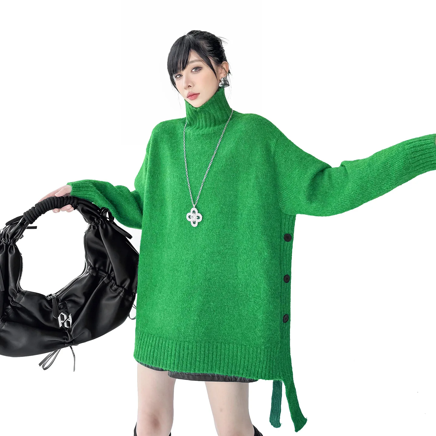 

SuperAen European and American Style Design Stand Collar Sweater Women's 2025 Autumn and Winter New Loose Button-decorated Tops