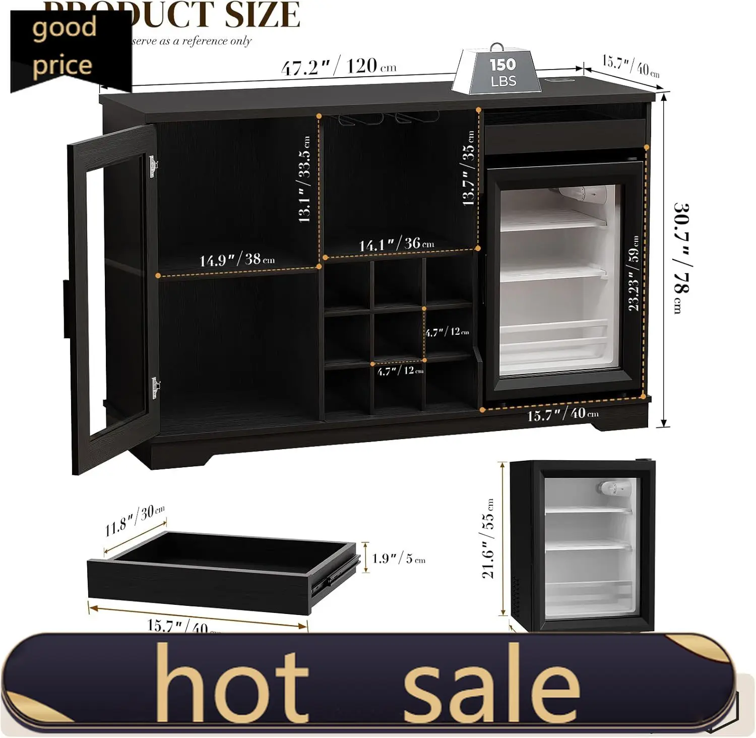 

Coffee Bar Cabinet with Fridge (Fridge Included), Large Liquor Bar Cabinet with LED Lights, Glass Holder & Wine Rack, Wine Cabin