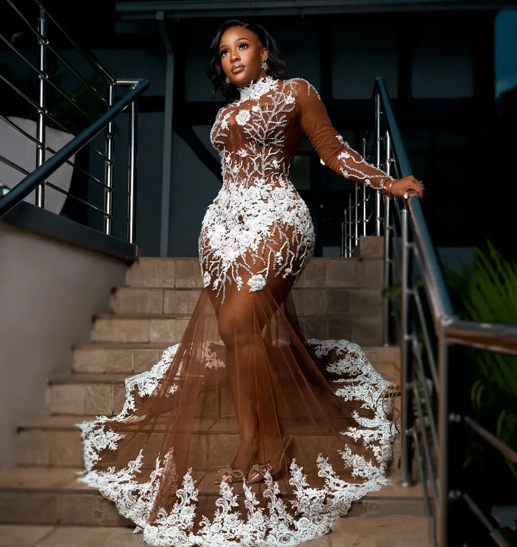 Mermaid Plus Size Black Women Chiffon Prom Dress Special Occasion Illusion High Neck Decal Formal Evening Dress 2026 Customized
