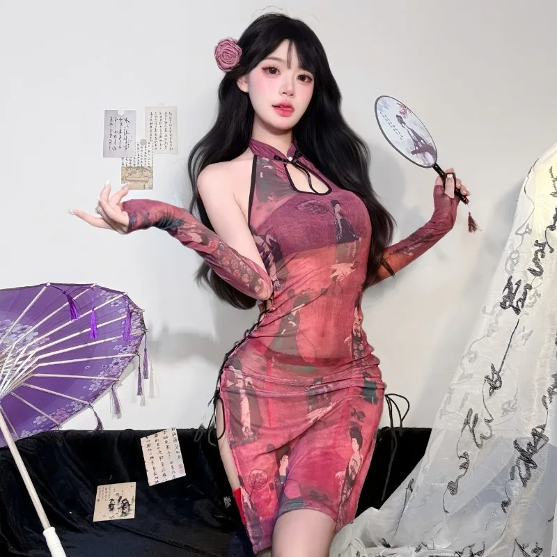 

M-3XL Large Size Erotic Cheongsam Women Qipao Dress Lace Up High Slit Sleeveless Midi Chinese Babydoll Party Cosplay Lingerie